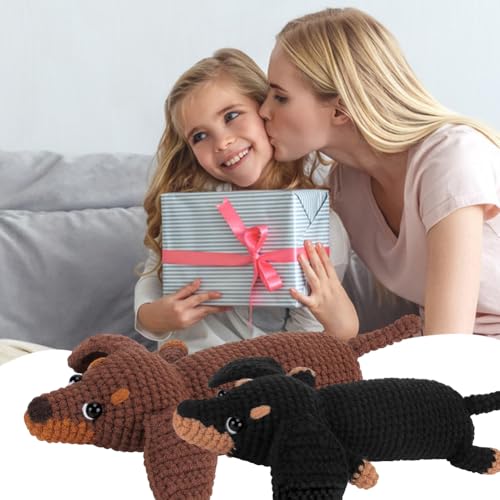 RANJIMA Häkelnadel-Set für Anfänger,Tiere Häckeln Stricken mit Anleitung,Komplettes Häkelset Dackel Hund,Starter Häkeln Tiere Set mit Häkelnadeln,Garn,Füllung,Kreativ Hunde Strickset für Geschenk