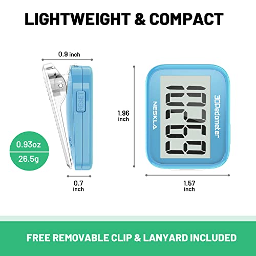 NESKLA 3D Pedometer for Walking, Simple Step Counter with Large Digital Display, Step Tracker with Removable Clip Lanyard, Accurately Track Steps for Men Women Kids Adults Seniors-Sky Blue