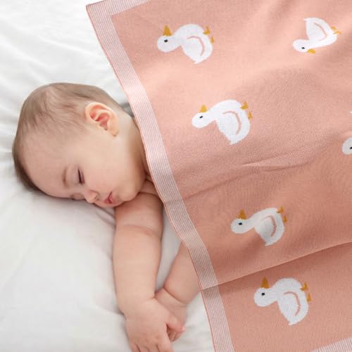 Image of mimixiong Baby Blanket Knit Receiving Boys Girls Blanket Soft Cotton Neutral Blanke for Swaddle Crib Stroller with Cute Sheep (Pink-Duck, 30x40 Inch (Pack of 1))