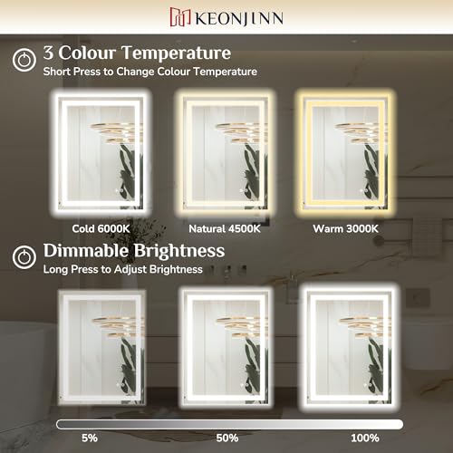 Keonjinn 50x70cm Bathroom Mirror with Led Lights, Antifog Vanity Mirror Back and Frontlit 3 Colour Dimmable Illuminated Wall Mounted Rectangle Mirrors - Cosy Home Interiors Keonjinn 50x70cm Bathroom Mirror with Led Lights, Antifog Vanity Mirror Back and Frontlit 3 Colour Dimmable Illuminated Wall Mounted Rectangle Mirrors - Image 5