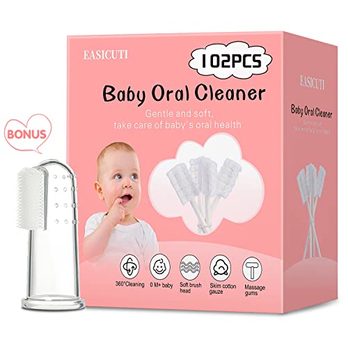 Image of 102PCS Baby Tongue Cleaner, Newborn Baby Oral Cleaner, Disposable Infant Gum Cleaner, Gauze Dental Care for 0-36 Months + 1 Finger Toothbrush with Case