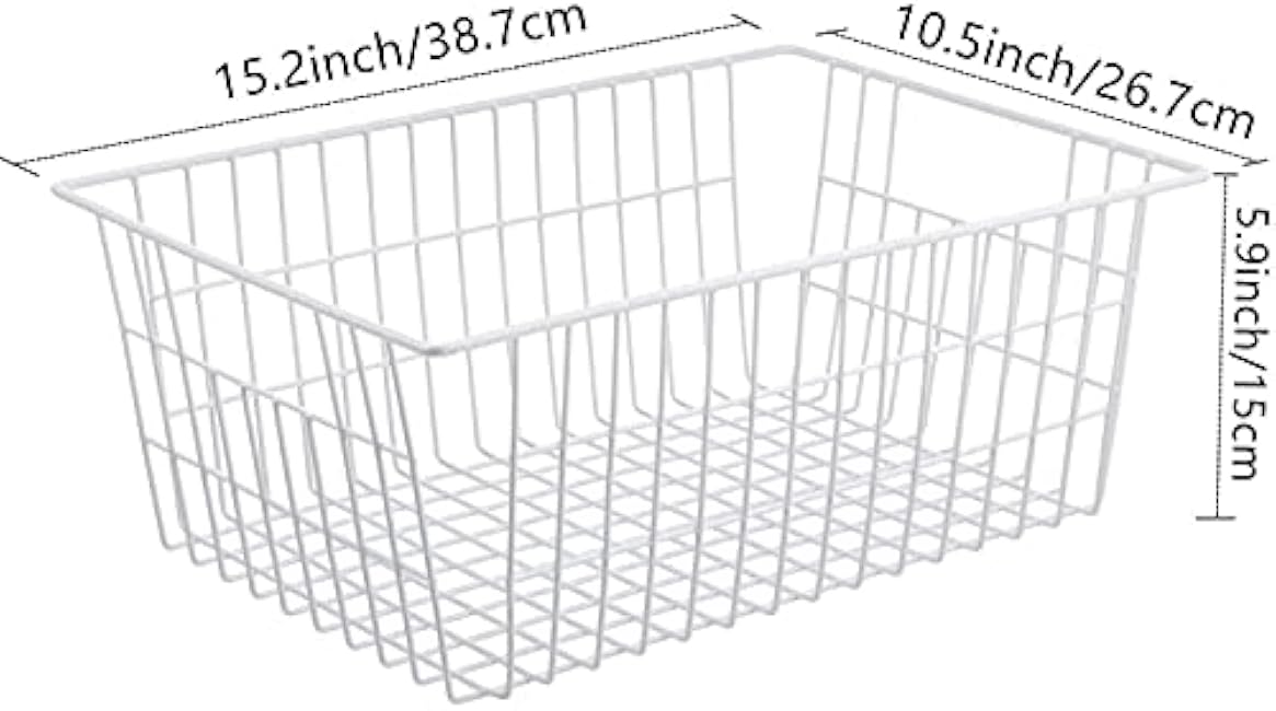Redrubbit Wire Storage Baskets, Large Farmhouse Metal Freezer Basket Storage Organizer Bins with Handles for Kitchen Cabinets, Pantry, Closets, Bedrooms, Bathrooms, Set of 6, White