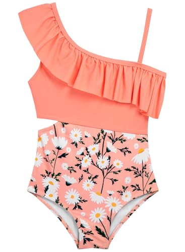 Image of Alakuoti Girls One Piece Swimsuits Cutout Ruffle Bathing Suit Quick Dry Beach Swimwear with Adjustable Strap 5-14 Years