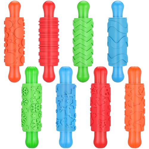 Aoriher 8 Pcs Paint and Dough Textured Rollers for Kids with Plastic Handles Pattern Rolling Pins Play Dough Tools for DIY Art Signs Posters Dough Craft Creations