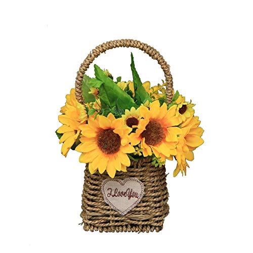 Flikool Girasoles Artificiales con Cesta de Flores Tejidas 8 Cabezas Flores Artificiales de Seda con Jarrón Bonsai Plantas Artificiales en Maceta para Balcón Hogar Boda Oficina Partido Decoración Cover