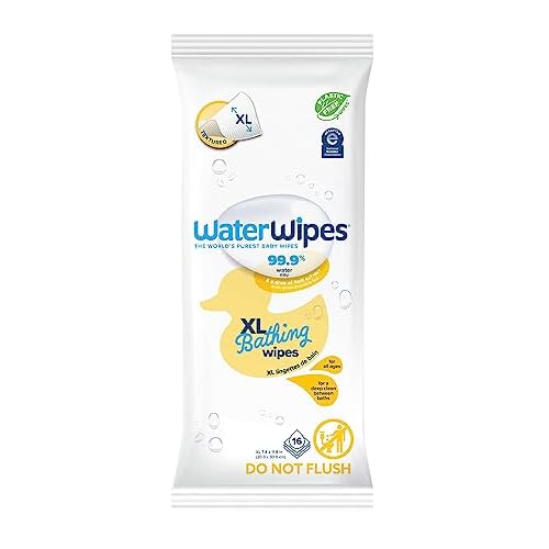 WaterWipes Plastic-Free XL Bathing, Toddler & Baby Wipes, 99.9% Water Based Wipes, Unscented & Hypoallergenic for Sensitive Skin, 16 Count (1 pack), Packaging May Vary