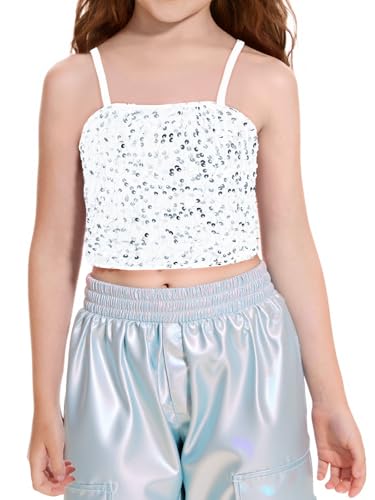 Haloumoning Girls Sequin Tank Tops Kids Sleeveless Spaghetti Strap Crop Cami Camisole Sparkly Dance Blouse 5-14 Years