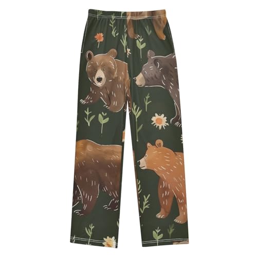 ZZXXB Bear Wild Flowers Boys Long Pants Soft Trousers Elastic Waist Kids Lounge Bottoms with Pockets S-XL