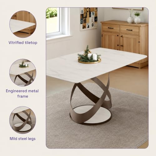 Image of Wakefit Mochi Dining Table - Alaska White - 6 Seater I Marble Finish I Vitrified Tile Top I Alaska White