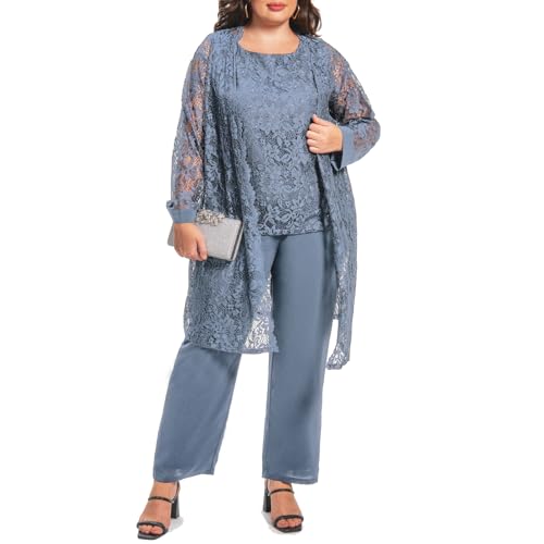 Plus Size Elegant Mother of The Bride Pant Suits Chiffon Pant with Women's Tank Top and Sequin Lace Jacket Evening Gown