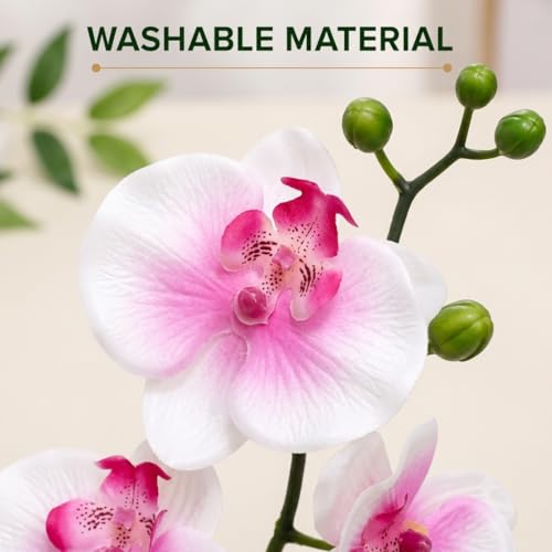 Image of CURATED CART Artifical Orchid Flower Pot, Pink & White Flower with Vase, Ideal for Home Decor, Office Decor, Gifting, 4 Flower Heads, Size 36 x 9cm