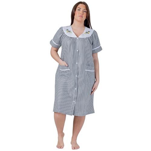 Image of Women's Short Sleeve Woven Snap-Front Closure Striped Embroidery Housecoat Duster Nightgown with Front Pockets