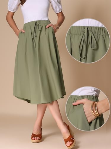 Allegra K Cotton Linen Casual Skirt for Women's High Elastic Waist A-Line Midi Skirts with Pockets2