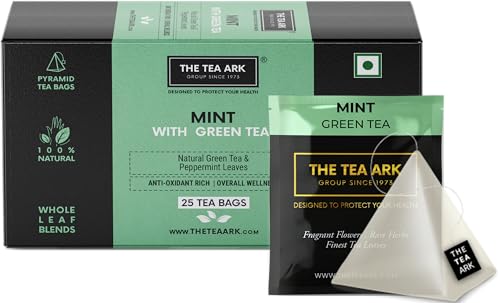 Image of The Tea Ark Mint Green Tea Bags (25 Count) | Natural Herbal Whole Leaf Tea | Individually Wrapped Pyramid Tea Bags (25 Tea Bags, Mint Green)