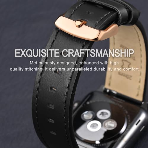 Image of ANNEFIT 22mm Watch Band with Rose Gold Buckle, Quick Release Genuine Leather Replacement Strap (Black /Black Stitching)