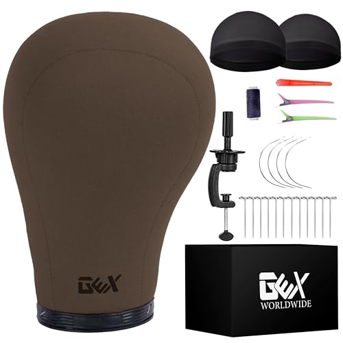 GEXWORLDWIDE GEX 20"-24" Canvas Cork Wig Block Mannequin Head for Wig Making Drying Styling Display with Table C Clamp Stand Holder Dark Brown 21" by GEXWORLDWIDE - Used condition - US$23.74