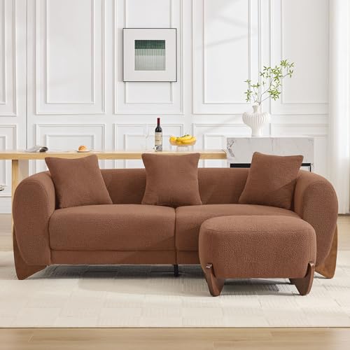 Image of 87 inch Sherpa Boucle Cloud Couch with Ottoman, Modern 3 Seater Sofa with Solid Wood Legs 25 inch Extra Deep Seat Comfy Thick Cushion Upholstered Sofa Couches with 3 Pillows for Living Room, Caramel