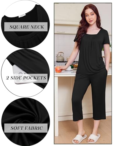 Ekouaer Pajama Set for Women Short Sleeve Top With Capri Pants Pjs 2 Piece O Neck Loungewear Soft Sleepwear with Pockets3