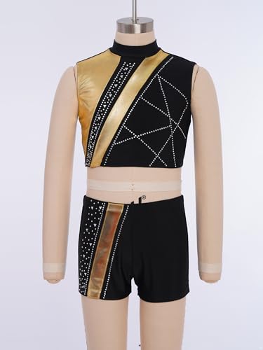 TiaoBug Girls Shiny Metallic Gymnastics Dance Outfits Sparkling Rhinestones Color Block Crop Top and Shorts Set Gold 14 Years3