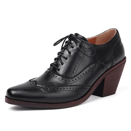 Roimaash Fashion Pointed Toe Women Wingtip Oxford Shoes Wedge Heels Business Work Shoes Lace up Brogue Perforated Girls School Uniform Shoes Black Size 47