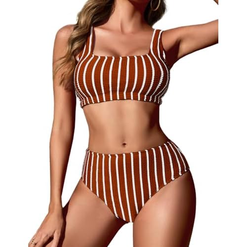 Zilcremo Women High Waist Bikini Sets Sporty Two Piece Swimsuits Striped Ribbed Cheeky High Cut Bathing Suits Swimwear