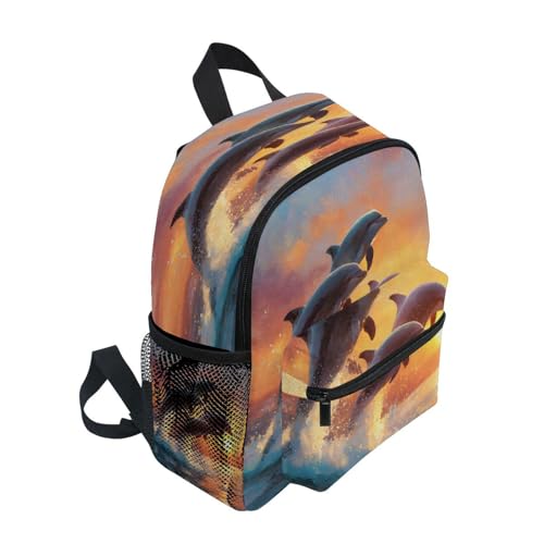 ALAZA Toddler Backpacks for Boys Girls Three Dolphin Sunset Kids Backpack with Chest Clip and Name Tag,M2