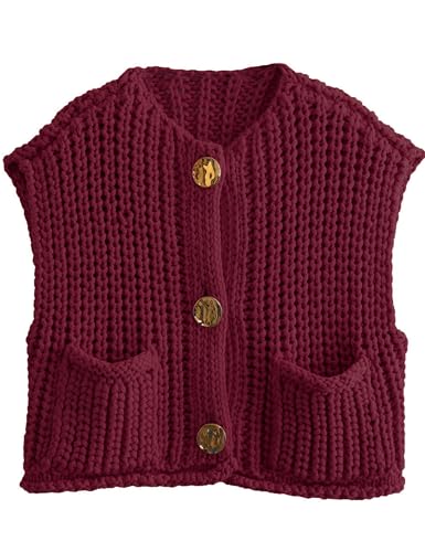 Image of Women's Sleeveless Chunky Knit Top Casual Cropped Button Down Sweater Vest Open Front Cardigan with Pockets