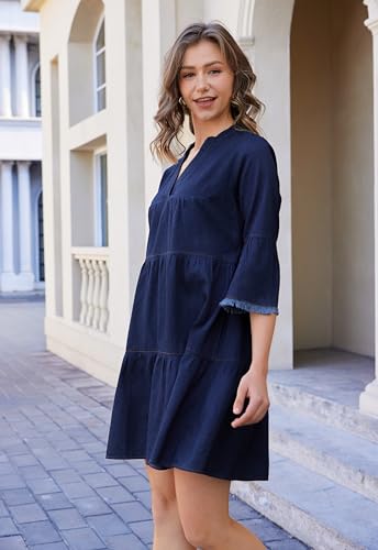 OVRUNS Women's Denim Dress V Neck Tiered Jean Dress Flowy Babydoll Dresses3