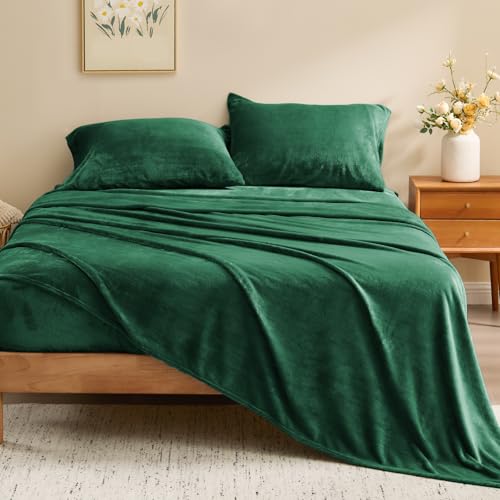 Image of BEDELITE Flannel Sheets King Size Dark Green - Super Soft Fleece Sheets Set Fluffy Extra Plush, 4 Piece(Include Fitted Sheet, Flat Sheet, 2 Pillowcases)