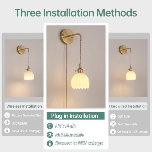 Image of Shenmoyl Vintage Wall Sconce with White Tulip Glass Shade Hanging Wall Sconce with 4.9FT Plug in Cord, Modern Wall Lamp Fixtures Decor for Bedside Bedroom Indoor Doorway
