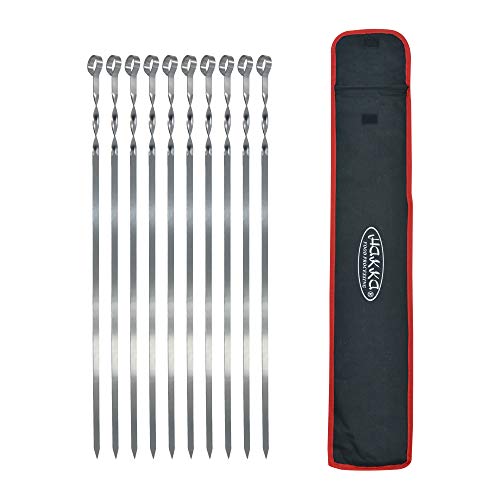 Hakka Stainless Steel Barbecue Skewers, 23" Heavy Duty Metal Skewers Large Wide Grilling Reusable Kabob Sticks with NonSlip Ring Handle,Set of 10