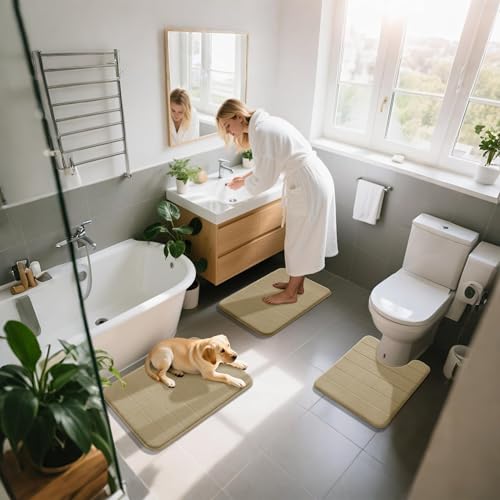 Yimobra Memory Foam Bath Mat Set 3 Pieces- Super Soft Absorbent Quick Dry Bathroom Rug Sets, Machine Washable Non Slip Floor Carpet for Tub Shower, Vanity & Toilet Base, Pale Khaki by Yimobra - Image 7