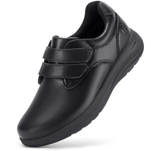 FitVille Diabetic Shoes Damskie bardzo szerokie skórzane kapcie ortopedyczne z regulacją na rzepy Wygodne eleganckie buty do chodzenia dla opuchniętych stóp, Czarny 37 EU Szerokie
