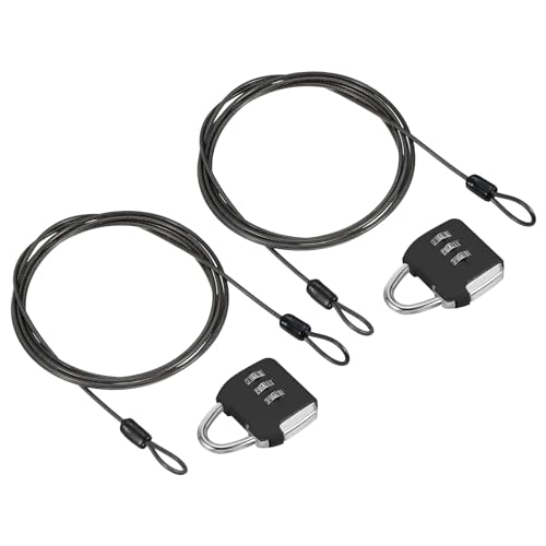 Image of PATIKIL Security Steel Cable with 3 Digit Combination Lock, 2 Set Travel Padlock 6.6Ft Coated Safety Wire Rope Double Loop for Luggage Suitcase, Black