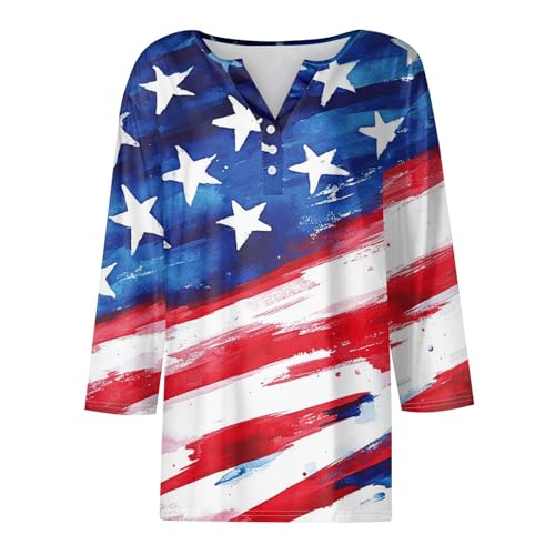 Image of 4th of July Shirts Women 3 /4 Length Sleeve Womens Tops Henley Neck Casual Patriotic T Shirts