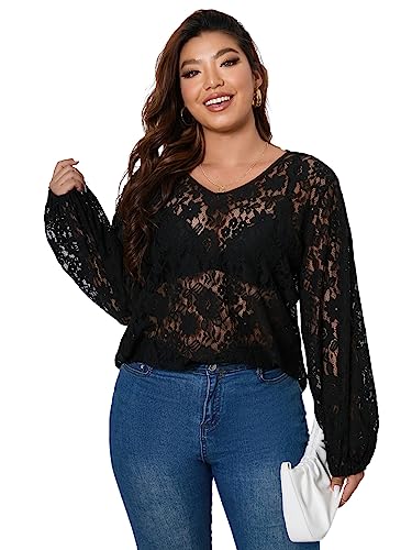 Floerns Women's Plus Size V Neck Long Sleeve Floral Lace See Through Blouse Tops