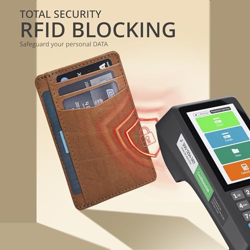 Image of Oak Leathers Leather Slim Minimalist Wallet for Men & Women RFID Front Pocket Leather Card Holder Wallets (Dark Cognac)