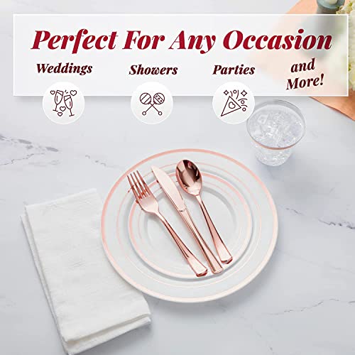 600 Piece Rose Gold Dinnerware Party Set (100 Guest), 100 Dinner Plastic Plates, 100 Salad Rose Gold Plates, 100 Rose Gold Plastic Silverware Set, 100 Rose Gold Plastic Cups, Disposable Party Pack #TOP2
