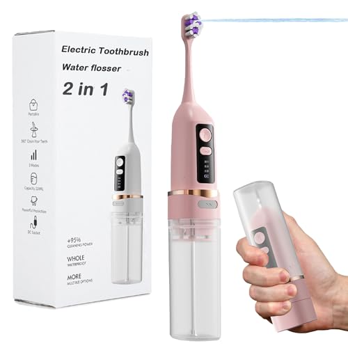 Irrigador Dental y Cepillo de Dientes Eléctrico 2 en 1, kit de limpieza Bucal, 3 modos inteligentes, irrigador bucal portátil, recargable, resistente al agua IPX7 (rosa)