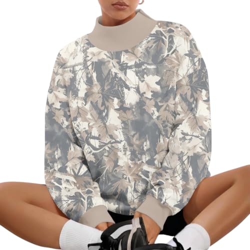 Women Mock Neck Sweatshirt Maple Leaf Print Ribbed Cuffs Side Slit Clothing - image 5