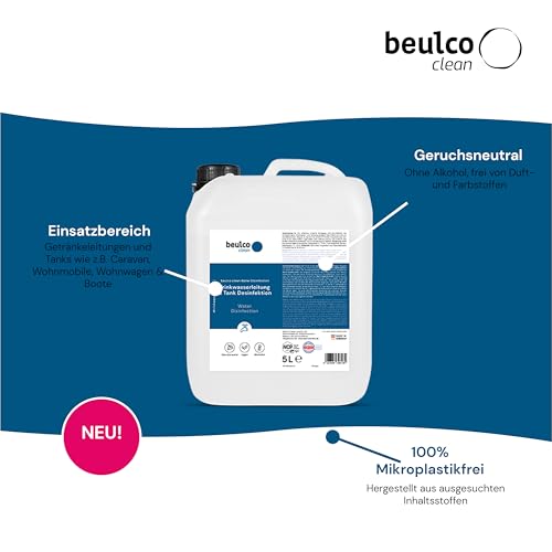 BEULCO CLEAN - Trinkwasserleitung & Tank Desinfektion 5 Liter Kanister - Wasserleitung & Wassertank Desinfektion & Reinigung für Wohnmobil, Wohnwagen & Caravan - Tankreiniger für Frischwasser 5L