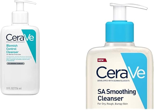 CeraVe Blemish Control Face Cleanser with 2% Salicylic Acid & Niacinamide for Blemish-Prone Skin 236ml & SA Smoothing Face and Body Cleanser for Dry, Rough and Bumpy Skin 236ml with Salicylic Acid