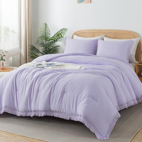 Image of Andency Comforter King Size Bed Set Lavender, Purple 3 Pieces Boho Lightweight Winter Bedding Comforters & Sets, All Season Soft Tassel Bed Set (104x90In Comforter & 2 Pillowcases)