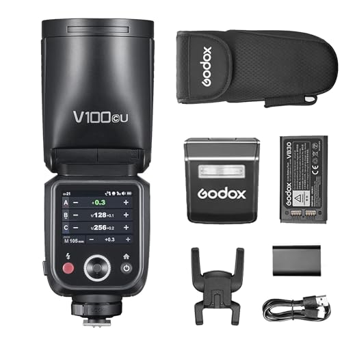 Godox V100-C Camera Flash for Canon,100Ws TTL Round Head Speedlite,400-Full-Power-Flashes,1.7s Recycle Time,Touch Screen 2.4G Wireless X System for Canon EOS R10 R8 R7 R6 R6 Mark II R5