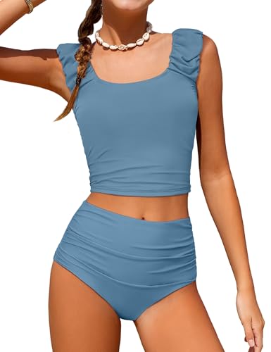 Image of Girls Tankini Swimsuit 2 Piece Bathing Suit Twist Cross Back Cutout Swim Tank Top Floral Print Swimwear for 7-18Y