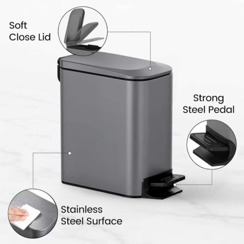 Image of TIPGO Small Bathroom Trash Can with Lid, 1.6 Gal, Soft Close, Grey | Foot Pedal, Soft Quiet Lid, 5.9'' Slim for Narrow Space, Stainless Steel, Anti-fingerprint, Removable Inner Bucket, Odor Seal