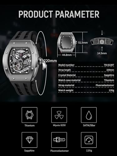 Image of TSAR BOMBA Mens Luxury Watch Automatic Watches for Men 50M Waterproof Japanese Mechanical Movement Tonneau Stainless Steel Case Sapphire Glass Big Face Cool Unique Fashion Gift Men