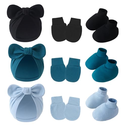 3 in 1 Newborns Hat Mittens Foot Covers Set Soft & Breathable Cotton Anti Scratches Gloves for 0 to 6 Months Baby3