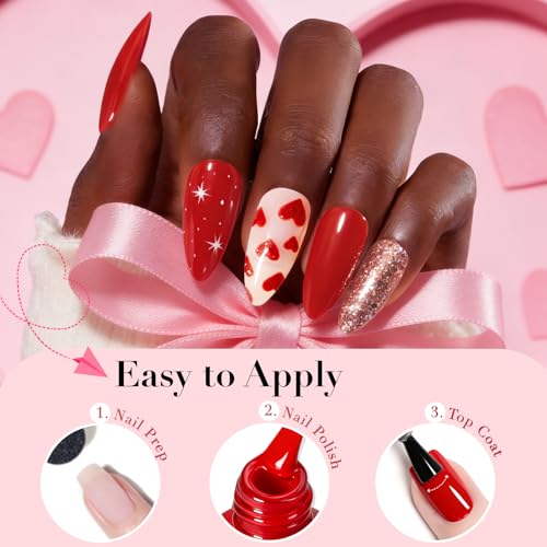 Image of AZUREBEAUTY Red Valentine's Nail Polish Set Quick Dry Silver Glitter Cat Eye 4 Colors Natural Fingernail with Top Coat DIY Salon Home no Gel Women Gifts