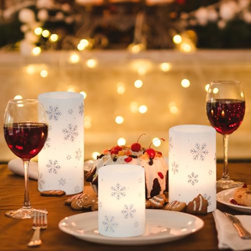 Image of KunSween Christmas Flameless Candles with Timer, 3 Pack LED Pillar Candles with Silver Snowflake Decals and Real Wax, Christmas Winter Decorations for Home Indoor Table Centerpieces